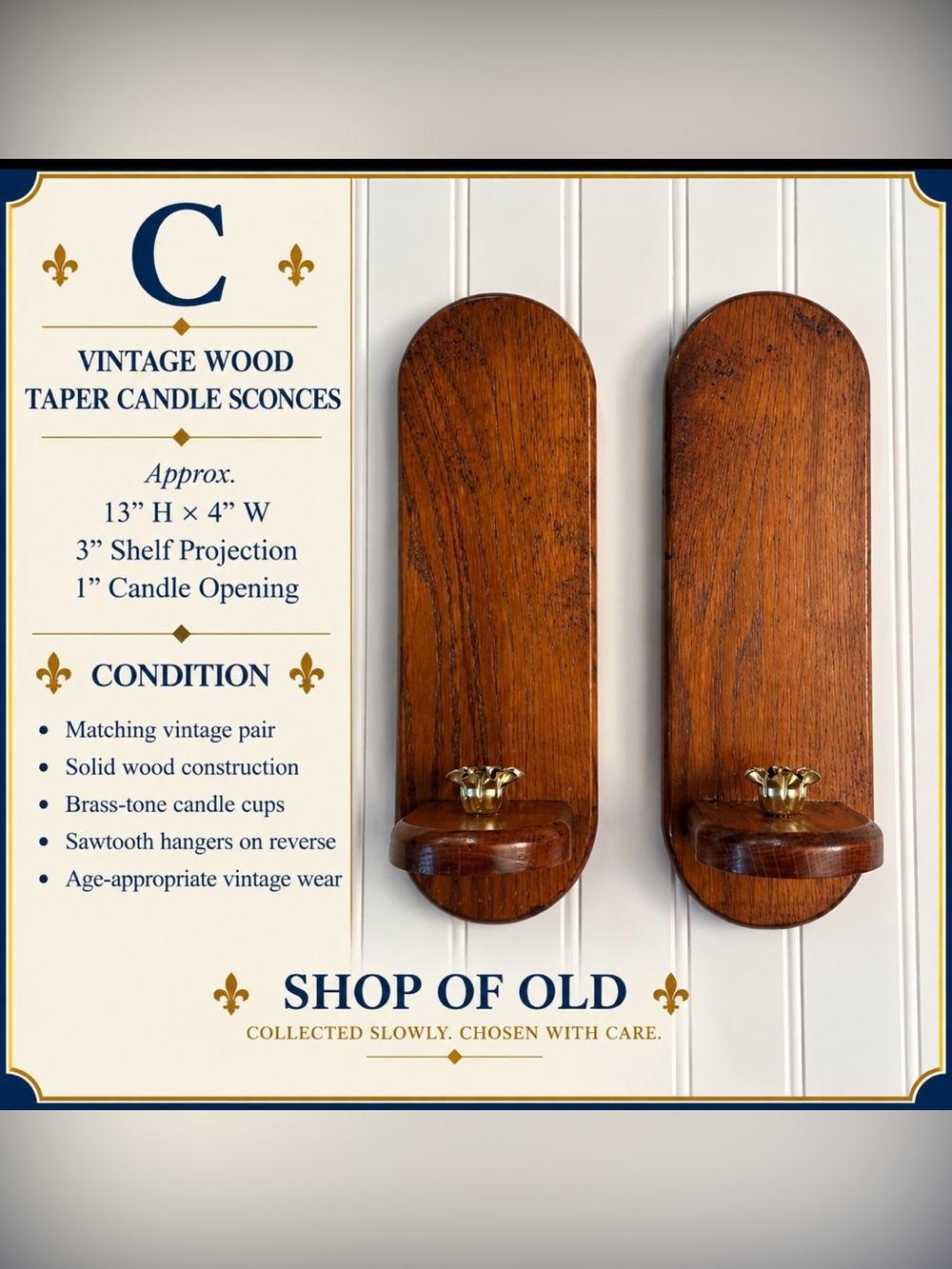 Vintage Solid Wood Wall-Mounted Taper Candle Sconces | Pair